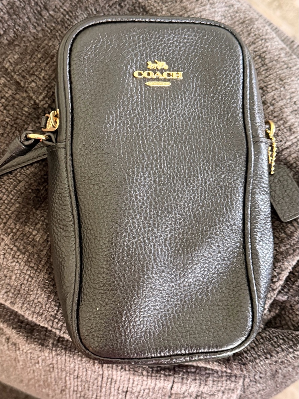 Coach Black Pebbled Leather Phone Crossbody with Gold Logo